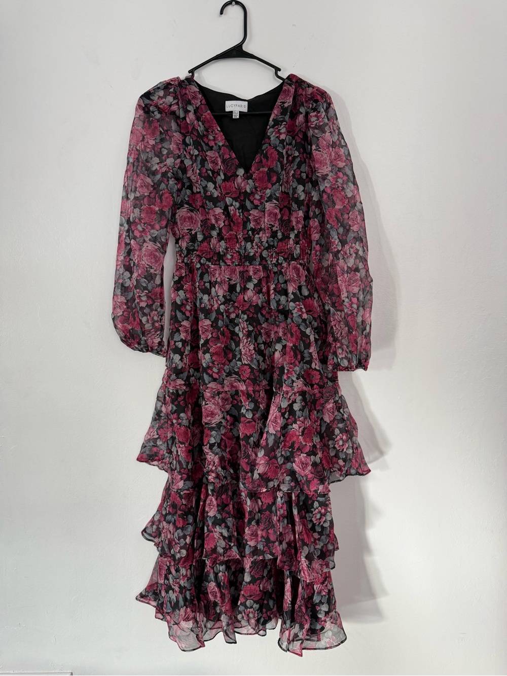 Lucy Paris Black Midi Dress with Pink Floral Print